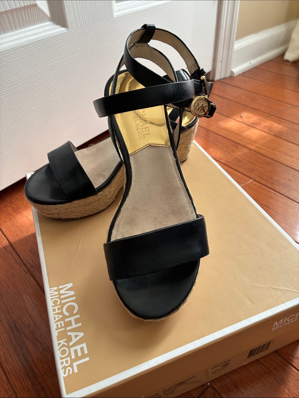 Michael Kors Black Leather Espadrille Wedge Sandals with Gold MK Charm